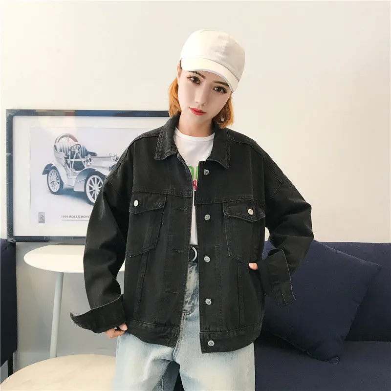 Fashion Women Jean Coats and Jackets Loose Casual Denim Jacket Vintage Streatwear BF Style Jeans Coat Black Color | Женская одежда