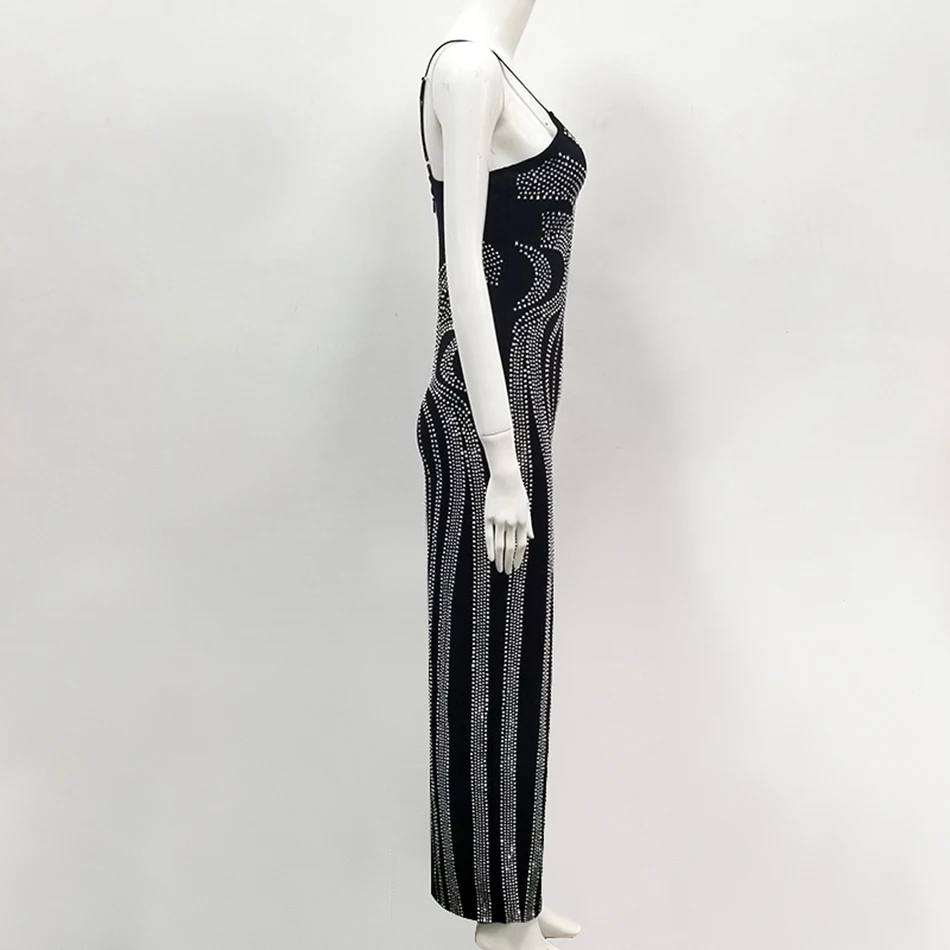 Женское Бандажное платье Черное длинное вечернее с тонким плечевым ремнем и