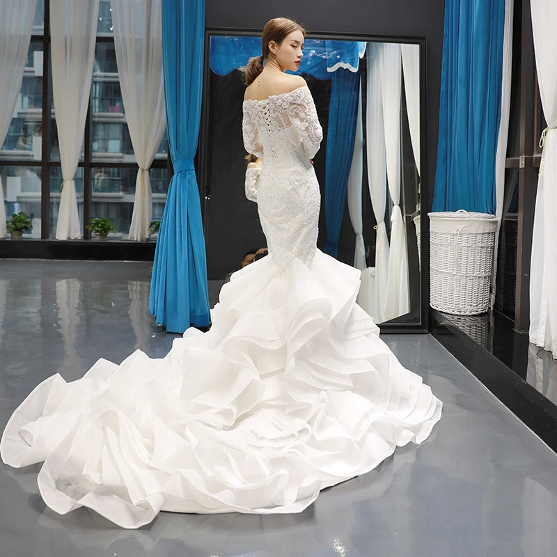 J66734 jancember mermaid wedding dress ruffle style off shoulder long sleeves trumpet bridal 2019 vestido de novia sirena | Свадьбы и