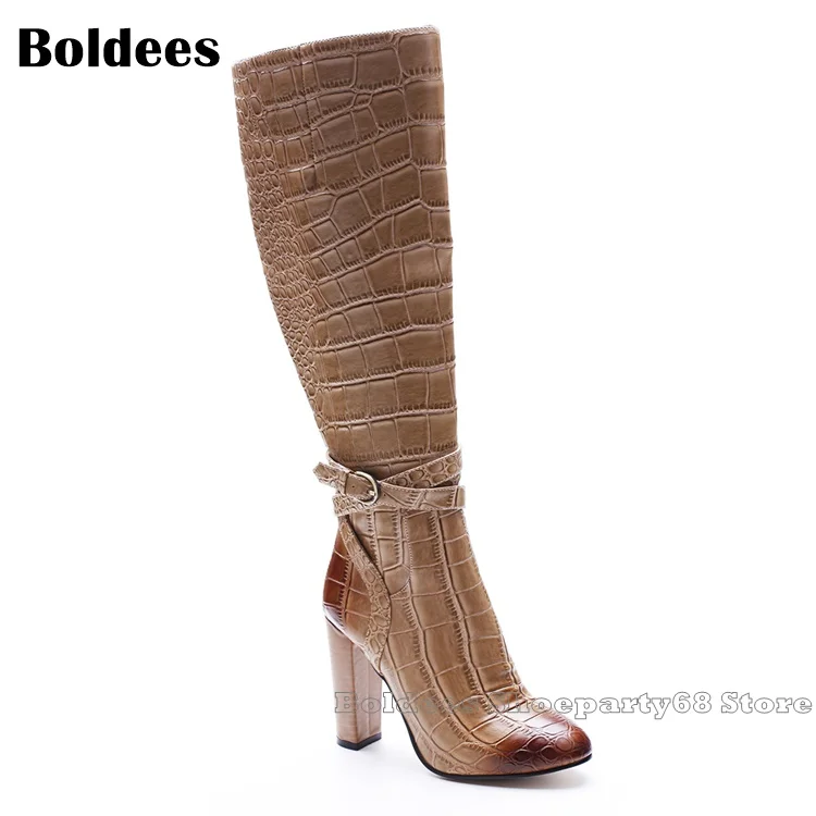 Laddiator Zapatos Mujer 10cm Heeled Alligator Pattern Round Toe Belt Buckle Winter Knee High Boots For Women