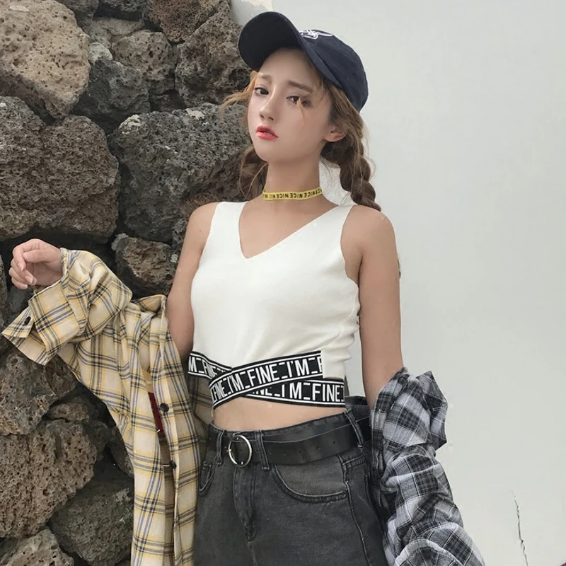 Summer new womens short tops sleeveless letters print t shirts korean style v neck sexy crop ladies casual female | Женская одежда