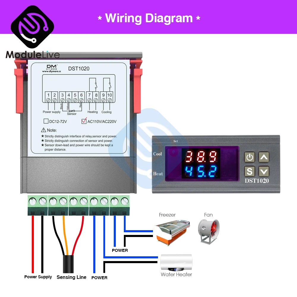 DST1020 AC 110-220V DC 12 V-72 V Цифровой терморегулятор DS18B20 датчик Водонепроницаемый заменить STC-1000