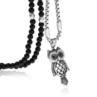 punk stainless steel black eye owl animal pendant necklace with black natural stone chain 26