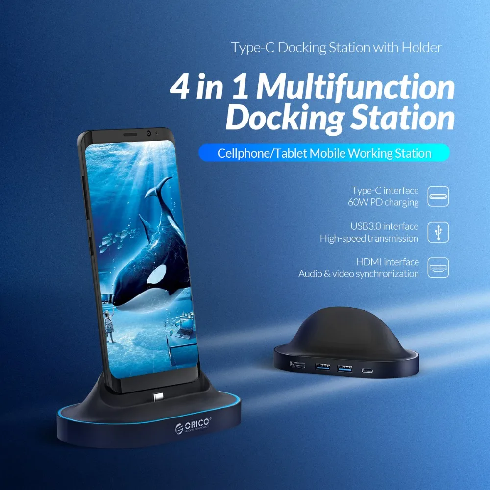 Док станция ORICO Type C с подставкой для телефона USB к HDMI USB3.0 60 Вт PD зарядка