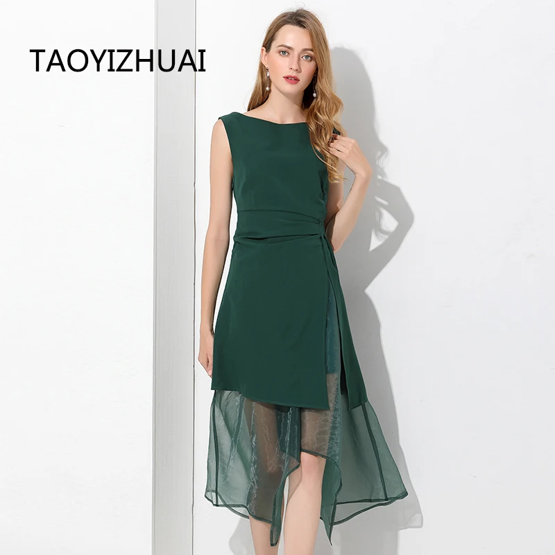 TAOYIZHUAI New Arrival Summer Patchwork Sleeveless Green Color Office Lady Fit And flare Elegant Big  Long Chiffon Dress11576