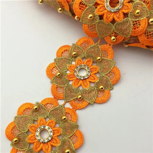 Orange 10 ярдов много цветов Floer бисером петелька металлик вышитый мотив кружева Нигерия Венеция отделка крючком шнур Wide7cm - Цвет: Orange