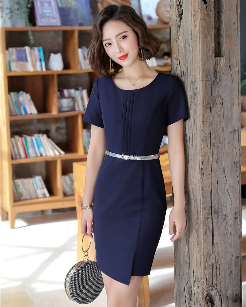 Платье женское офисное с поясом официальная одежда коротким рукавом облегающая