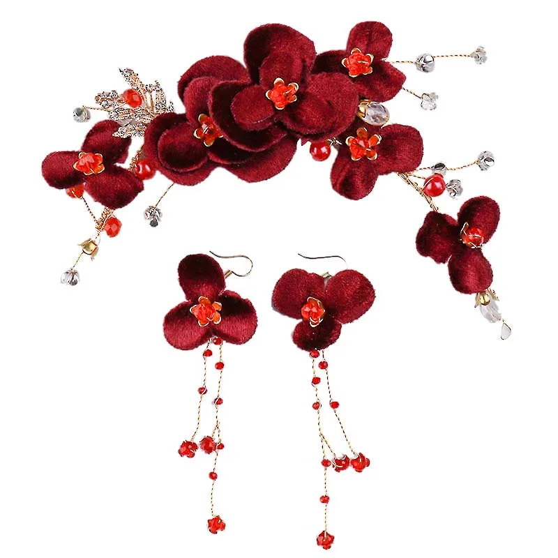 Ручной работы в китайском стиле Красный цвет с цветами роз и жемчугом ободок для