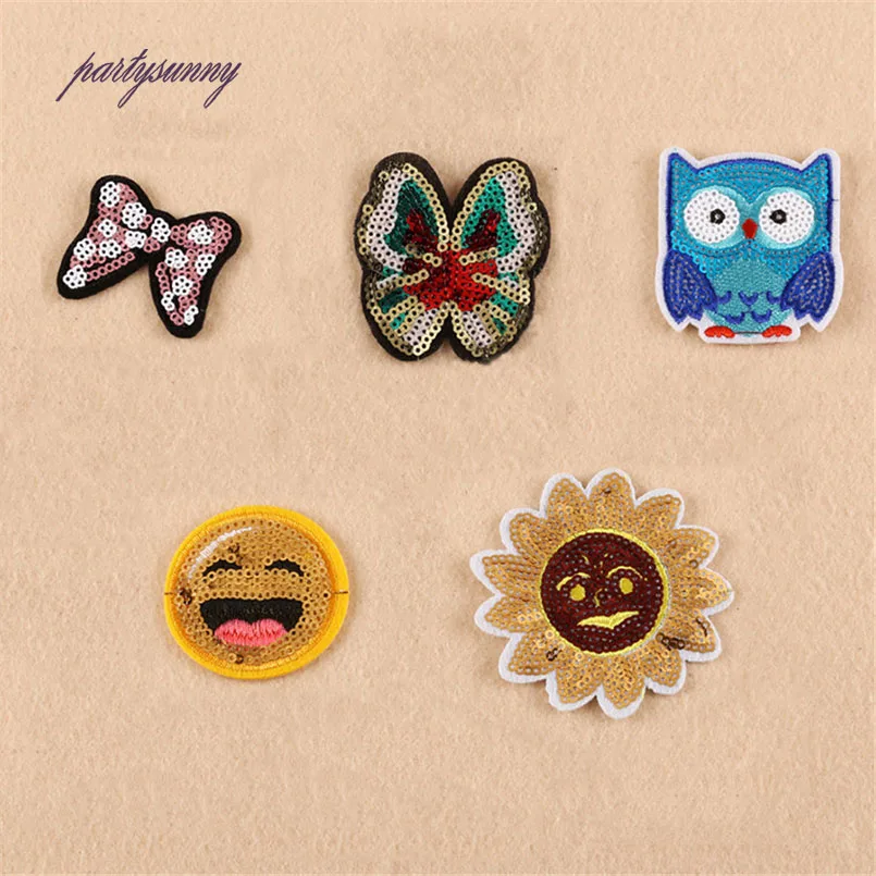 PF 9 шт./лот Блесток Патчи Бантом Сова Мультфильм Ткань Вышивка Утюг на Швейной