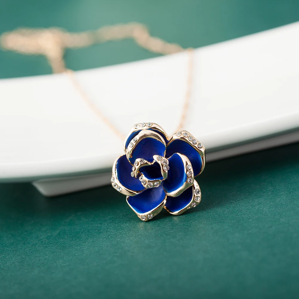 ALULU Fashion Blue Flower Female Pendant Necklace Rhinestone Long Necklaces &amp Pendants Jewelry For Women | Украшения и