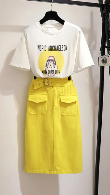 Summer Women Sets Black T Shirt and Yellow Skirt Female Sets - Цвет: picture