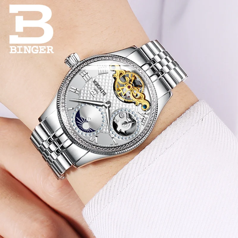 Moon Phase Automatic Wristwatches BINGER Men Mechanical Watch Tourbillon Clock relogio masculino Luxury Rhinestones waterproof|rhinestone