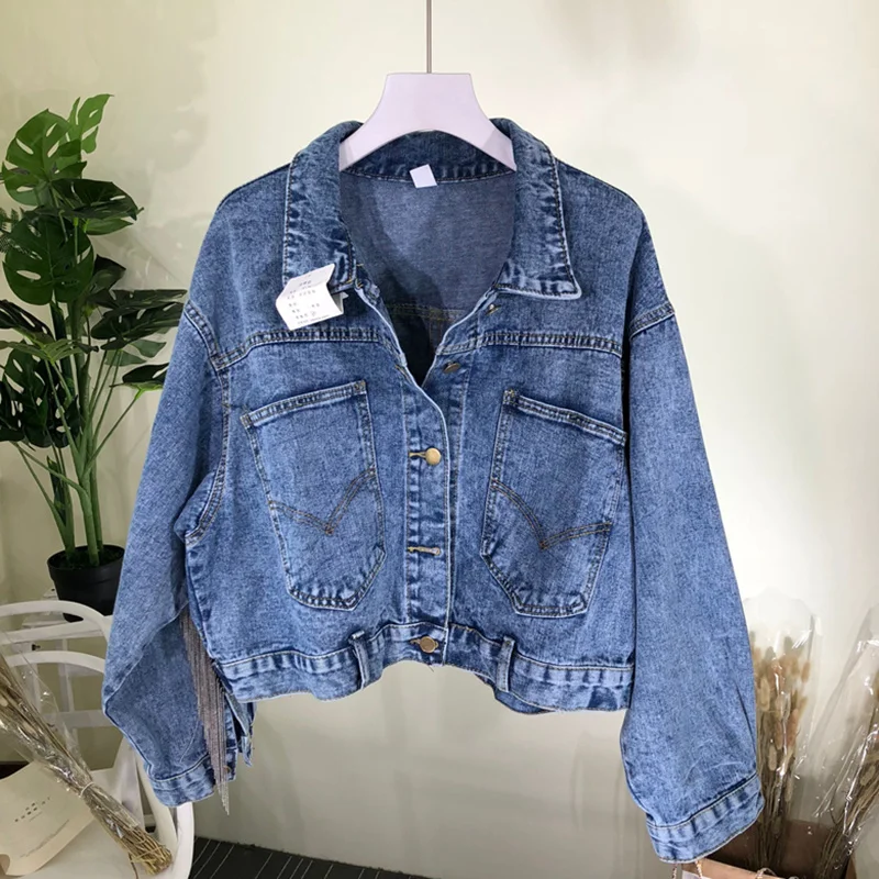Женская джинсовая куртка с расклешенными рукавами повседневная короткая бомбер