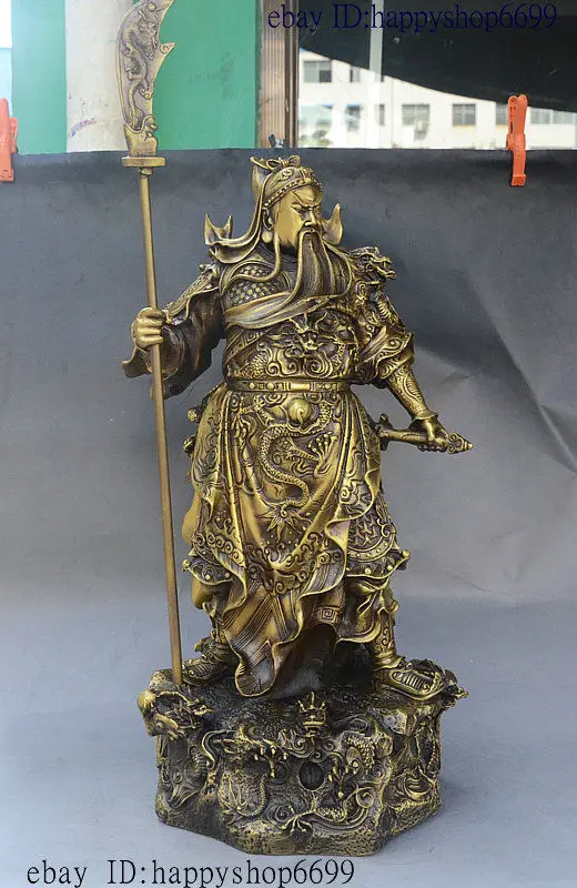 

21" China Dynasty Famous Bronze Warrior Guan gong Sword Guan yu Dragon Statue