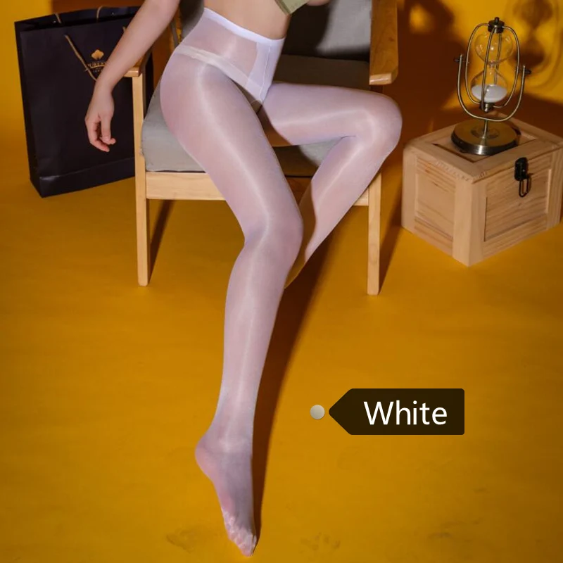 White 20D тонкие прозрачные масляные блестящие колготки женские сексуальные чулки с открытой промежностью блестящие колготки с завышенной талией 10 цветов на выбор - Цвет: White