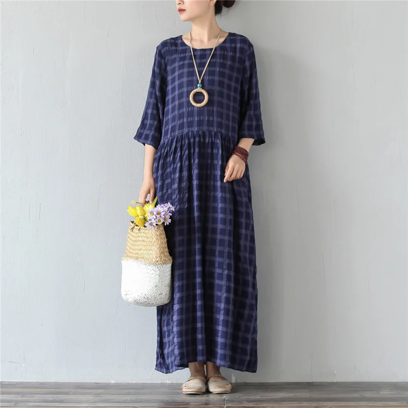 Женское хлопковое льняное платье с высокой талией и круглым вырезом коротким