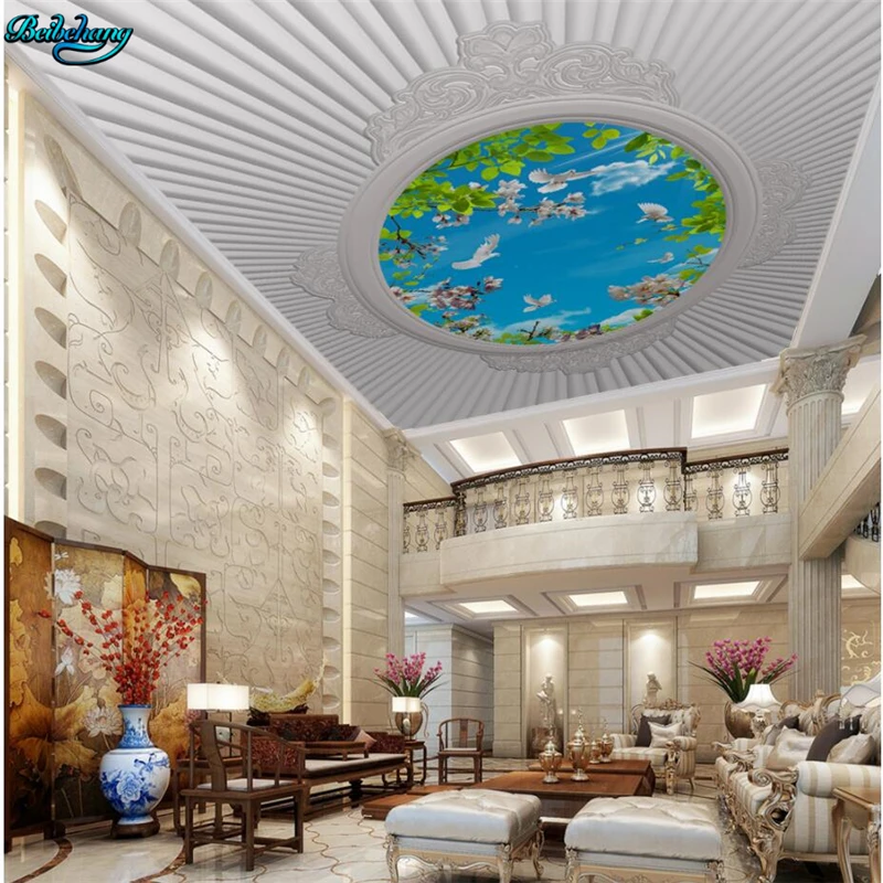

beibehang Large Custom Wallpapers Modern Simple European Emboss Pattern Blue Sky Flower Ceiling Zenith Mural Decorative