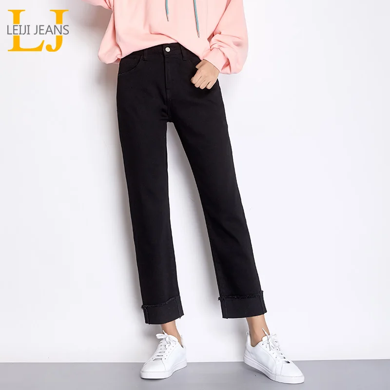 Женские джинсы LEIJIJEANS черные свободные прямые большого размера 2XL из хлопка с надписями на осень 7304|Прямые