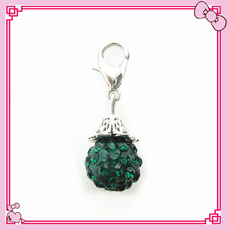 

Hot selling silver rhinestone dark green crystal global dangle charms lobster clasp charms for glass floating lockets charms
