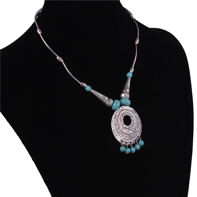 Statement Tibetan Silver Color Chain Big Stone Necklaces Bohemian Gypsy Carved Round Beads Tassels Pendants Women | Украшения и