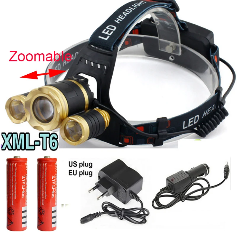 

4 mode Zoomable 8000Lm 3x XML T6 LED Headlamp Rechargeable Headlight Head Torch Light Lamp+18650+charger