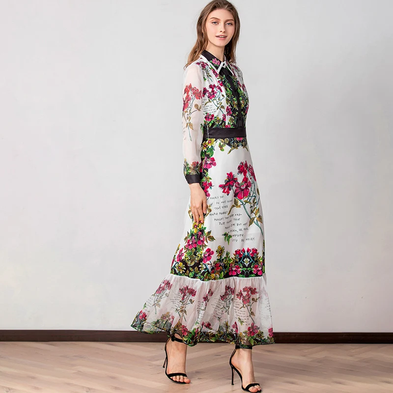 Women's Runway Dresses Turn Down Collar Long Sleeves Printed Beaded Floral Elegant Casual Designer | Женская одежда