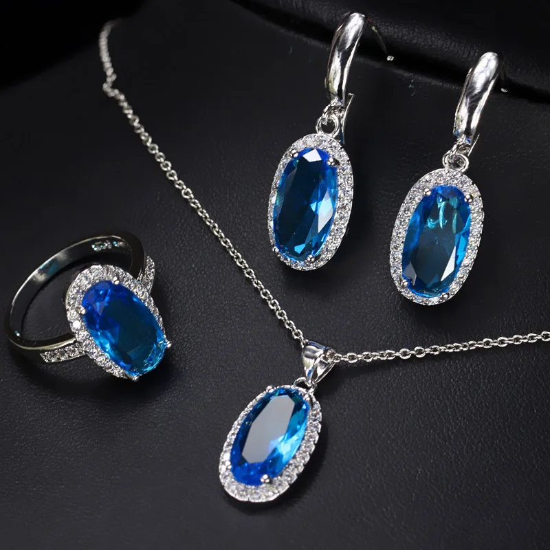 light blue CWWZircons великолепные серьги и кольцо с большим овальным желтым кубическим цирконием, Модные CZ Женские Ювелирные наборы T221 - Окраска металла: light blue