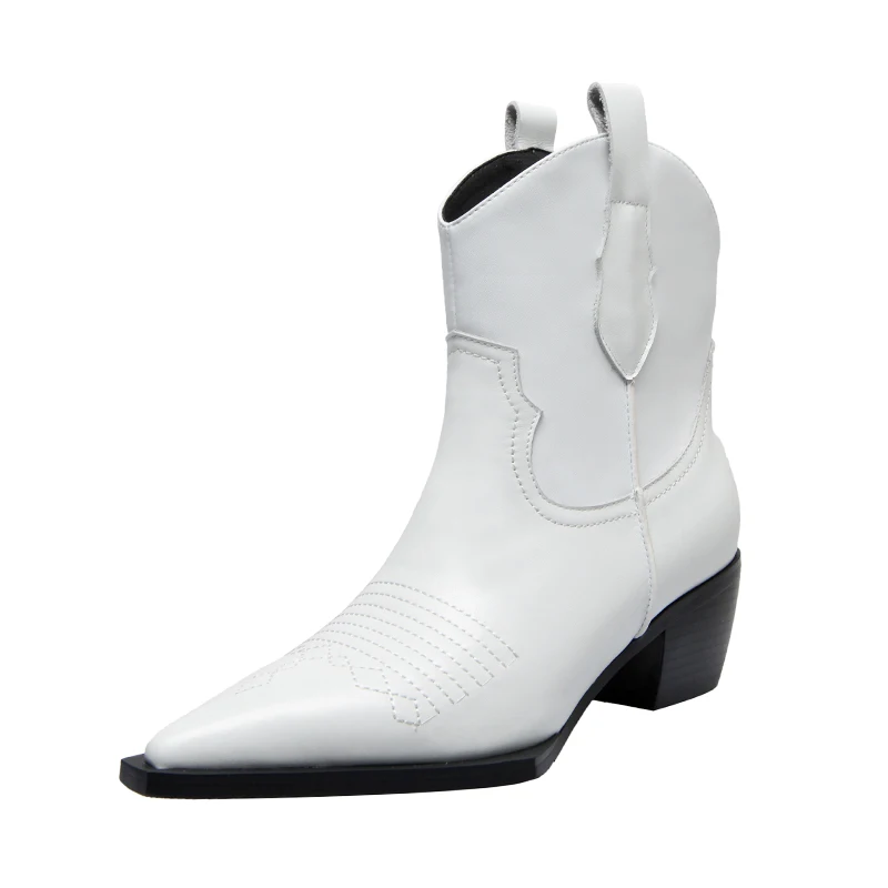 Ботинки женские из натуральной кожи без застежек с острым носком на массивном