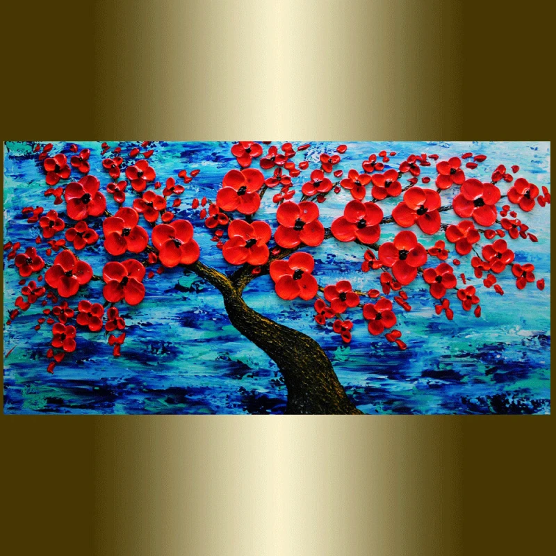 100% ручная роспись толщиной краски нож масло Краски ing красные цветы синий на