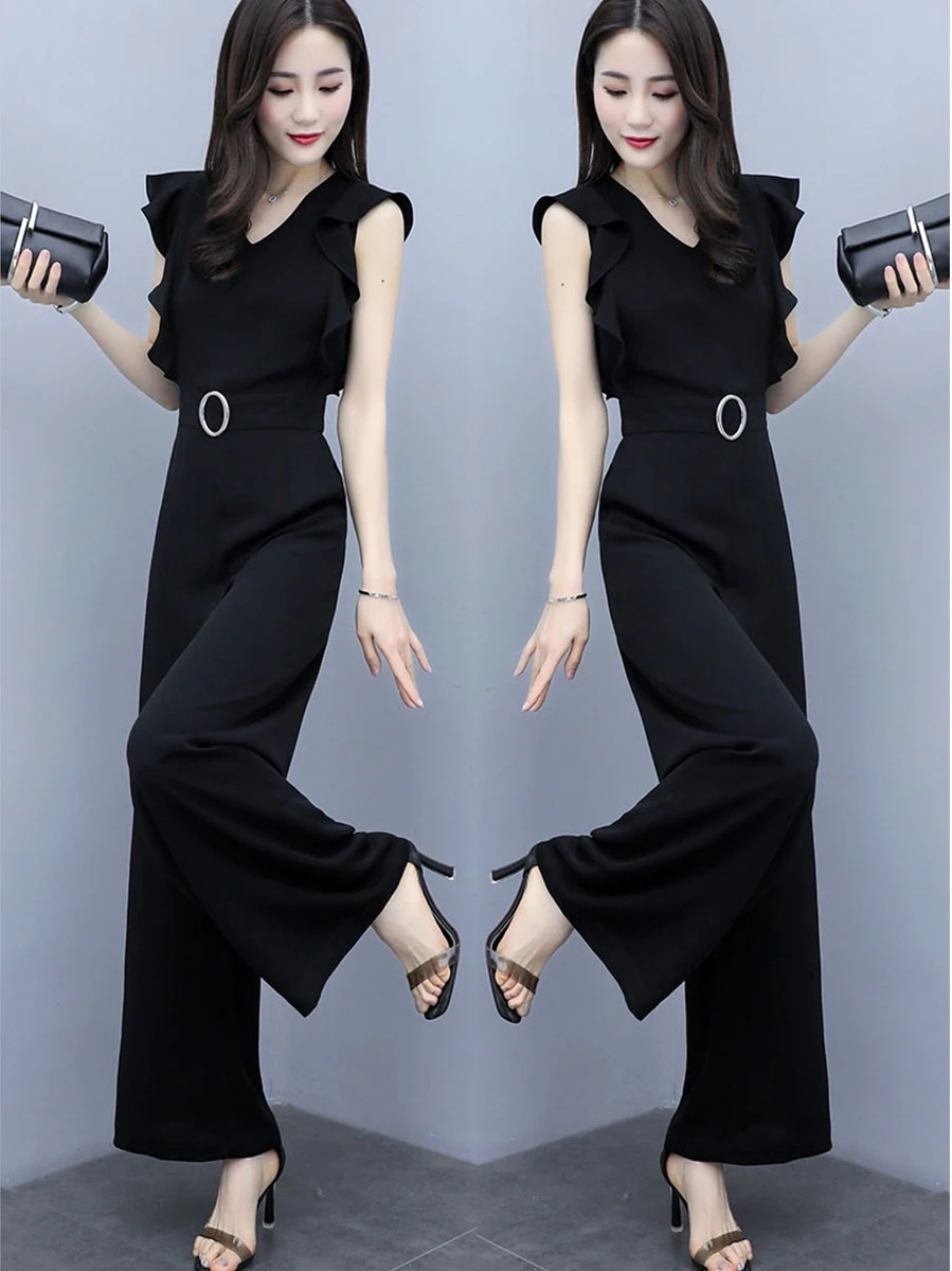 Black Elegant Office Lady Solid Ruffle Sleeveless Rompers Summer Workwear  Women Jumpsuits