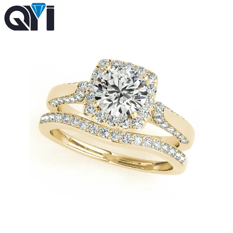 QYI 14K Halo Wedding Ring Sets Round Cut 1 Carat Moissanite Diamond Women 's Solid 14K Yellow Gold Engagement Wedding Rings