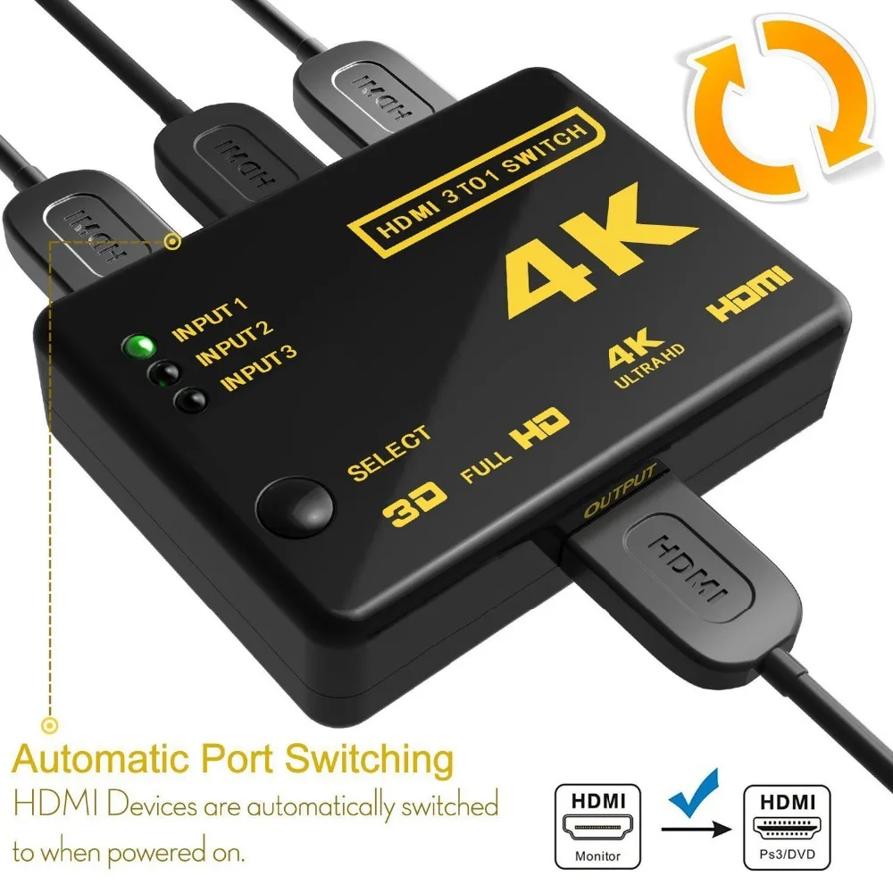 HDMI переключатель селектор 3x1 коробка Ultra HD 2160P/60 Гц для HDTV Xbox PS3 PS4 мультимедиа |