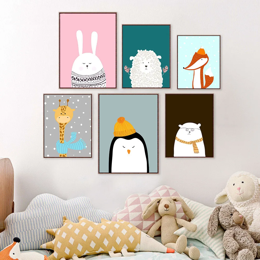 Скандинавское искусство мультфильм животное олень медведь плакат с пингвином