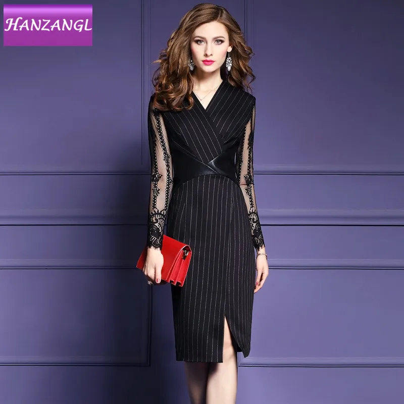 Реальные снимки! Осеннее платье в полоску с V-образным вырезом и длинными