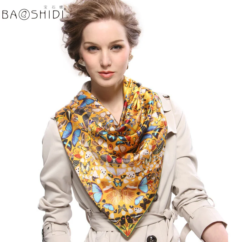 

[BAOSHIDI ]100% Silk,Fashion Butterfly printed women scarf,Square Pattern Scarfs, autumn luxury brand scarves for elegant lady