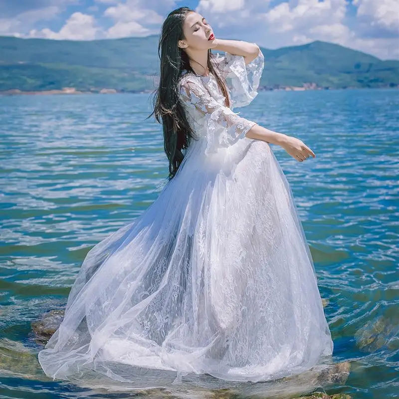 Новый для женщин Мода богемный кружево марли с расклешенными рукавами длинные