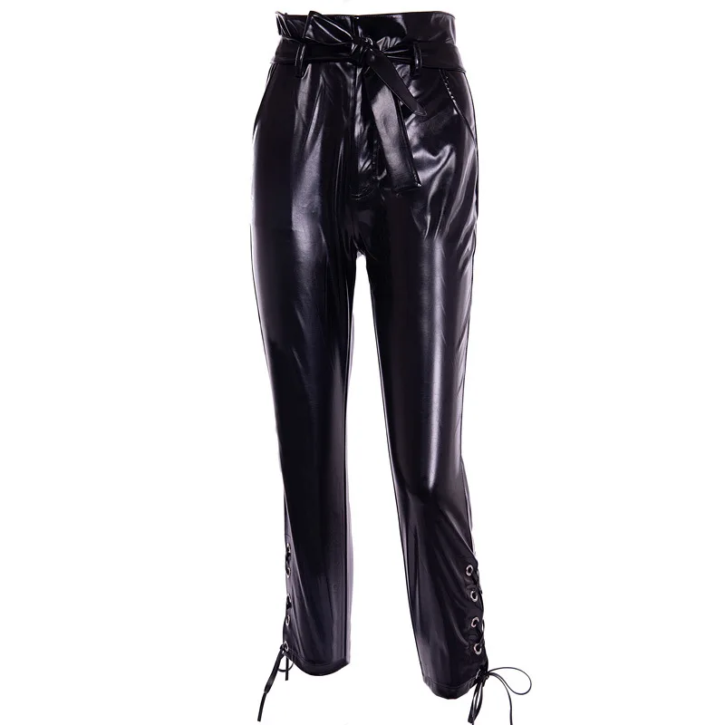 WKOUD/женские сексуальные однотонные черные спортивные штаны из искусственной