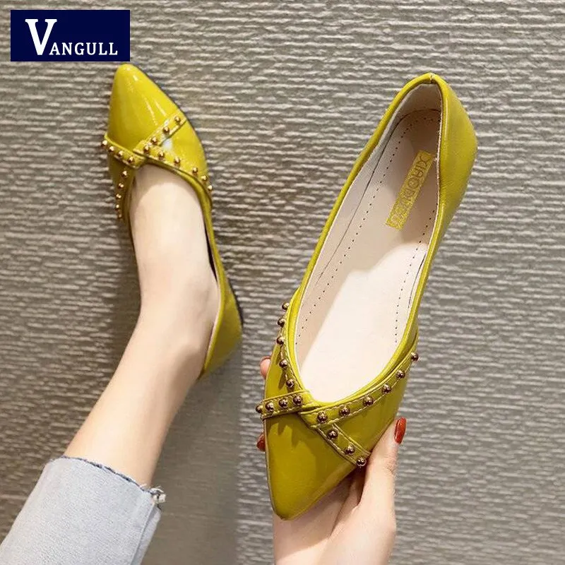 Lemon yellow VANGULL/ г. Обувь на плоской подошве женские повседневные Лоферы без шнуровки, женская обувь на плоской подошве с заклепками женская черная офисная обувь на плоской подошве с закрытым носком размер 34-41 - Цвет: Lemon yellow