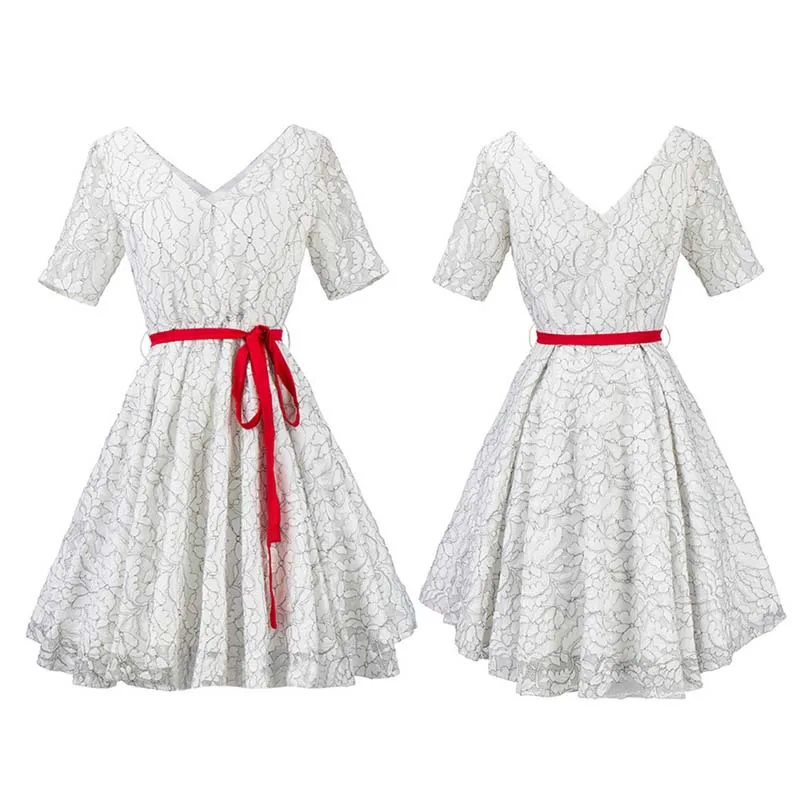 2018 осень с поясом Туника Для женщин Белое кружево Винтаж платье ретро подколоть