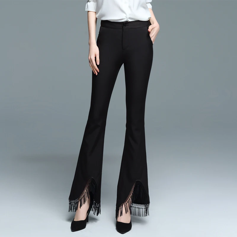 Брюки Для женщин кисточкой украшения середины талии Твердые упругие Ткань узкие