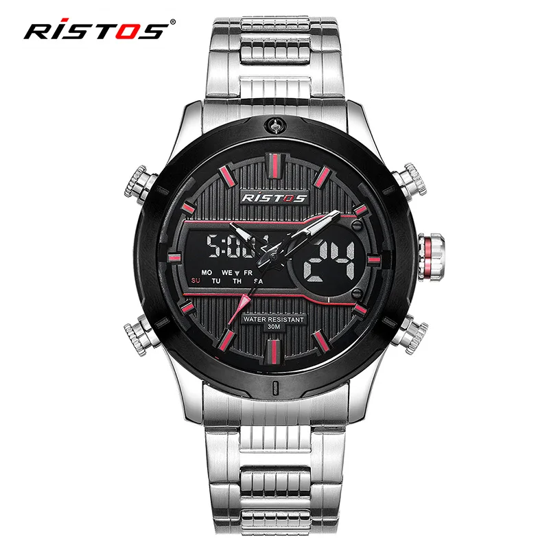 

RISTOS Military Chronograph Multifunction Men Sports Watches Black Stainless Steel Male Watch Casual Man Clock Relojes Masculino
