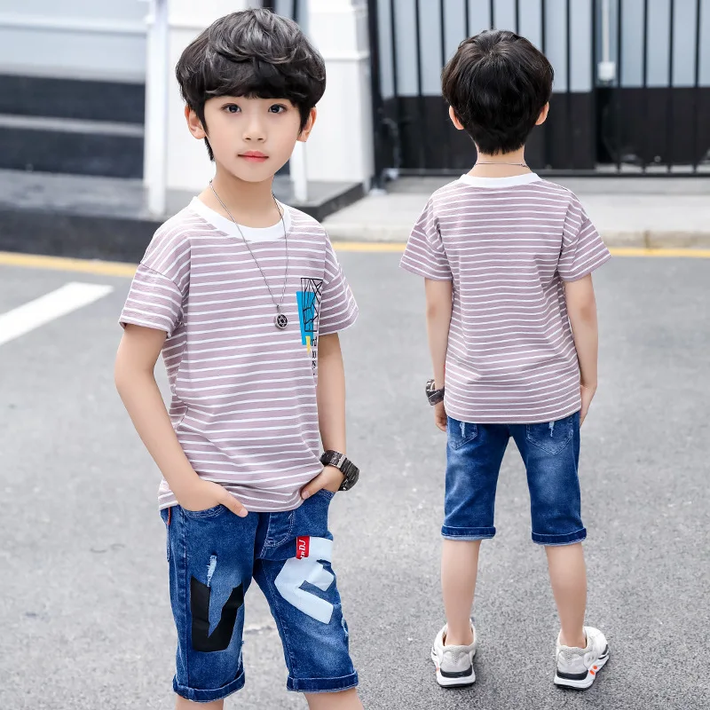 2019 Toddler Boy Summer Clothes Big Boys Boutique Kids Clothing Set Suits Children Outfits Striped T-shirts + Denim Shorts |