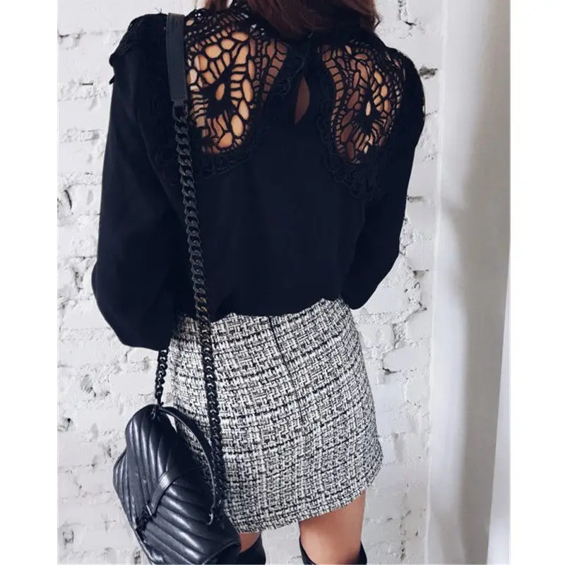 

Women ladies Elegant blouses 2018 New lace crochet patchwork tops long sleeve hollow out Formal casual shirts blouses tops