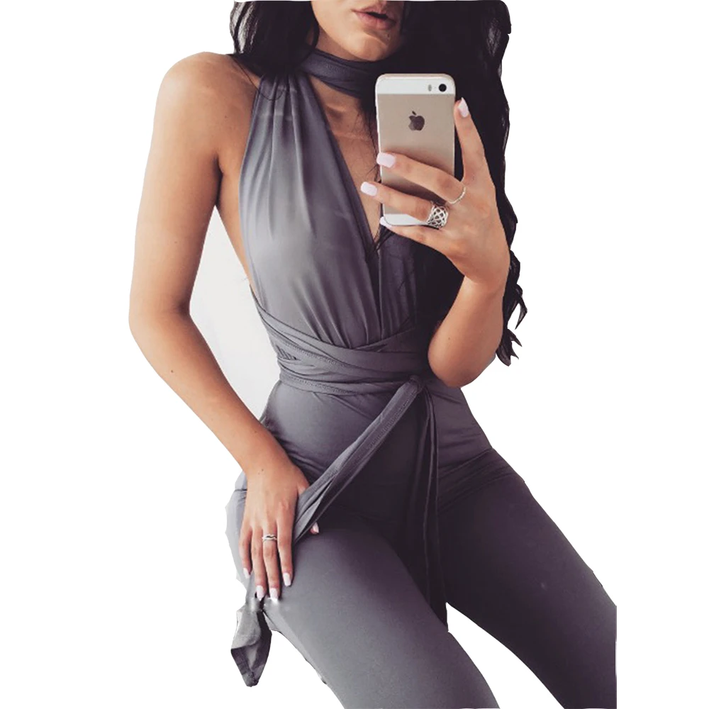 MEBOSYA Черный Серый Новая Мода Комбинезоны Женщины Тонкий Стиль Комбинезон Sexy