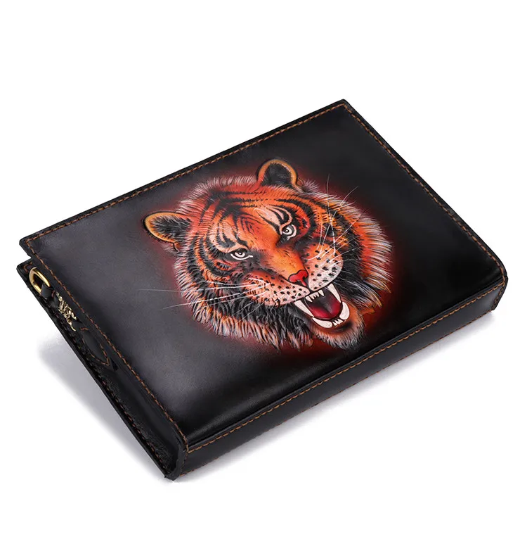 Handmade Business Men Vegetable Tanned Leather Carving Tiger Bag Money Holder Clutch Purse Phone Pocket Man Clutches Envelope |