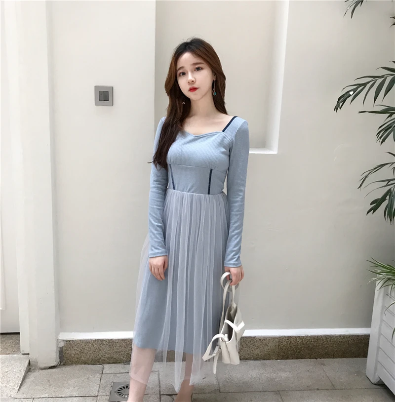 Осень-зима Ретро вязаное платье Для женщин с длинным рукавом сеткой в стиле