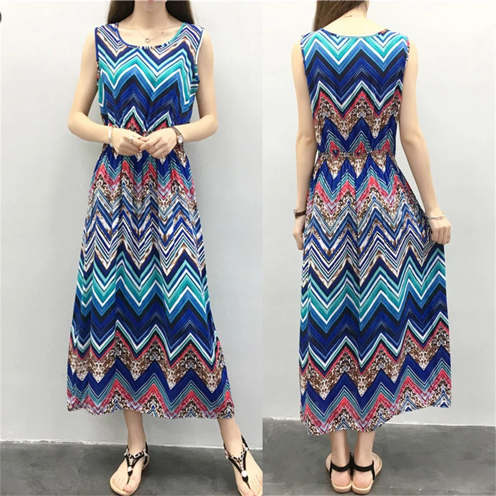 Летние богемные женские платья с О-образный воротник без рукавов женский Платье