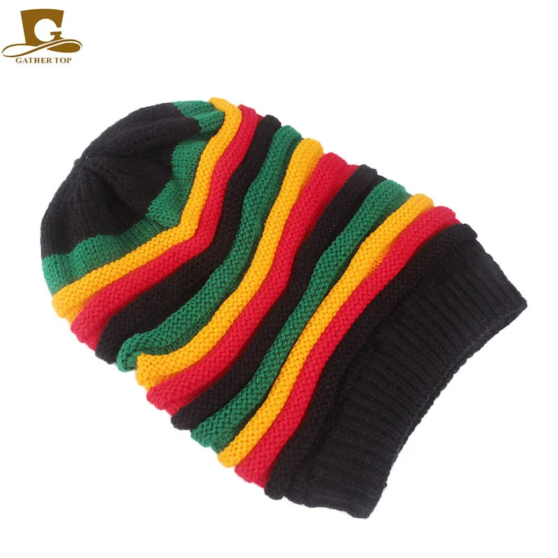 

Fashion Bob Marley Jamaican reggae cap Multi-colour Striped Rasta Hat Slouchy Baggie Beanie Skullies Gorro rasta Women