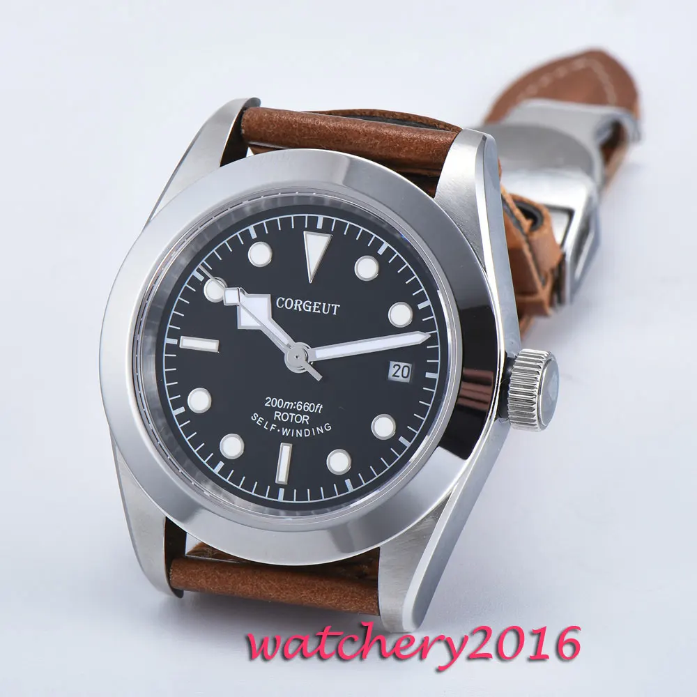 41mm Corgeut Black Dial Luminous Hands Leather Deployment Bucket SS Case Complete Calendar Miyota Automatic Movement Men's Watch |