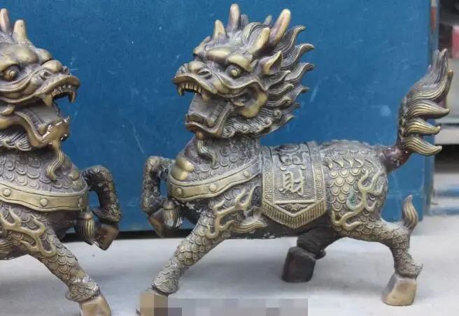 

Free shipping S00140 13" Folk Chinese Bronze Animal Dragon Kylin Qilin Unicorn Chi-lin Pair Statue